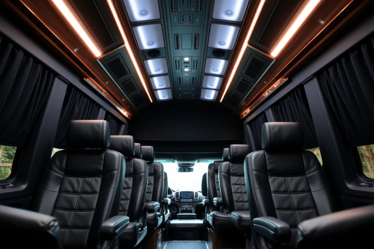 賓士保母車（Benz Sprinter）內裝照片：座艙內裝：獨立皮質座椅＋中央走道，車內站著走動不用低頭
