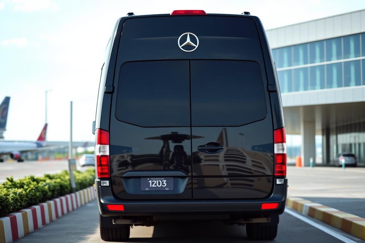 賓士保母車（Benz Sprinter）外觀照片：車尾視角：高頂車體與後開雙門，搬行李不用彎腰硬塞