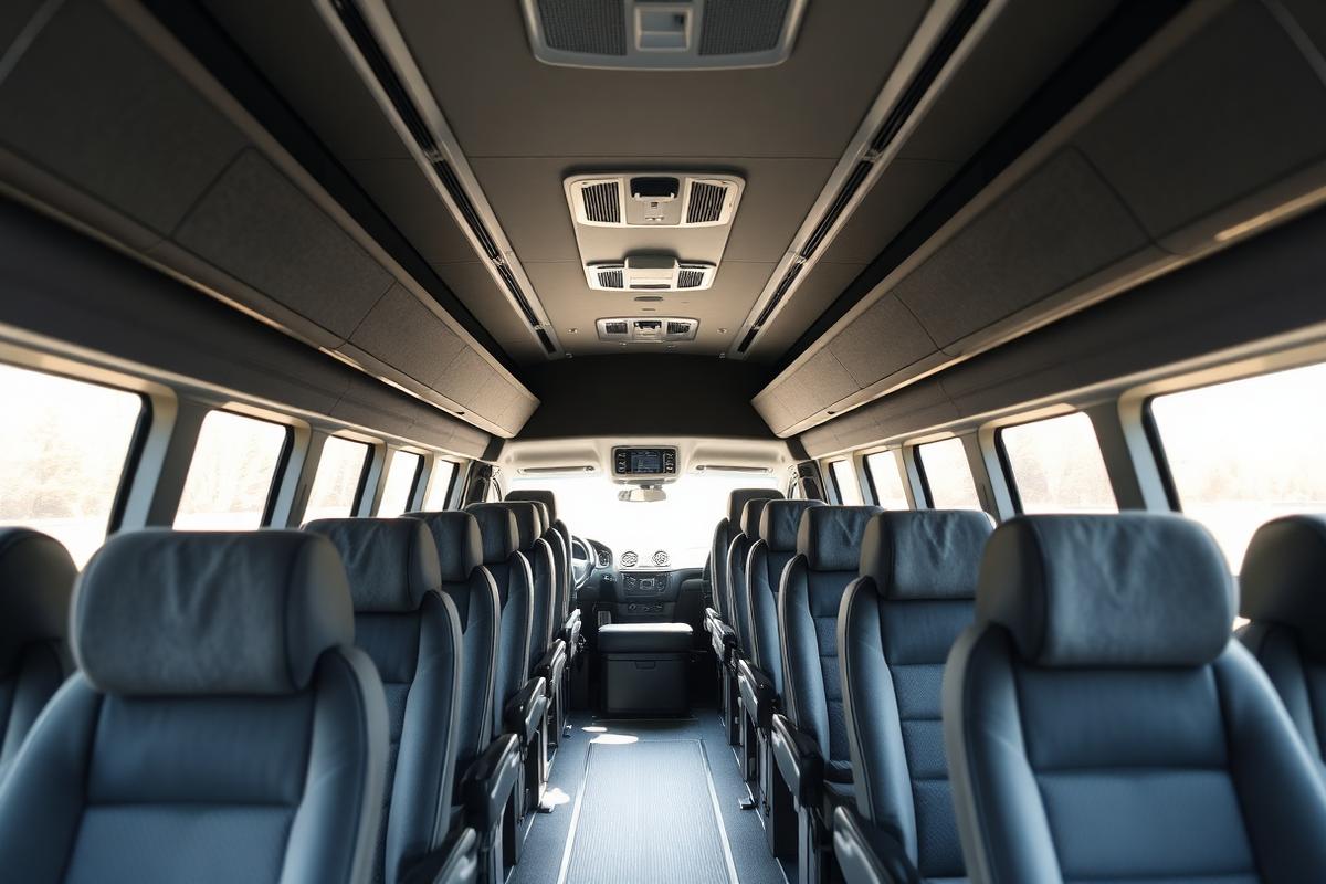 大T保母車（VW Crafter）內裝照片：座艙內裝：一排排獨立座椅＋走道，長途不擠